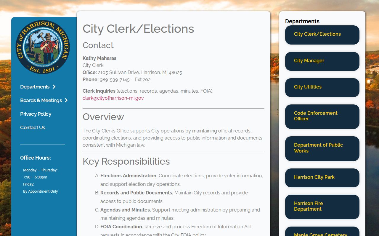 Harrison City Clerk and FOIA contact page