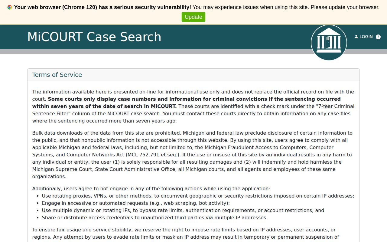 MiCOURT Clare County arrest case and disposition search